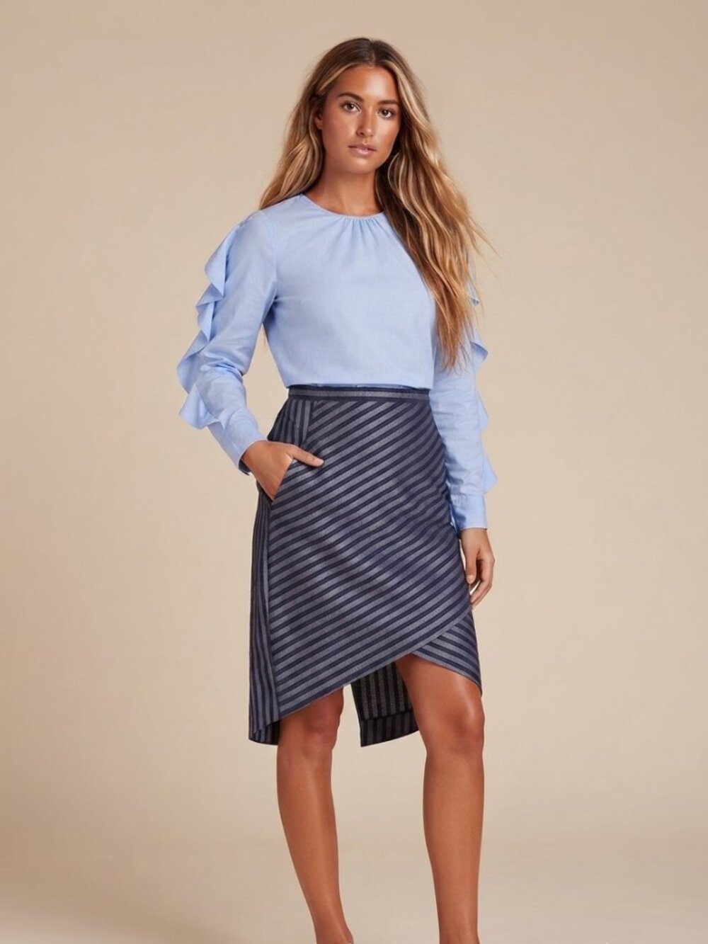 Tracy Reese Navy Blue Directional Stripe Midi Skirt Size 8 39658 - Picture 2 of 12